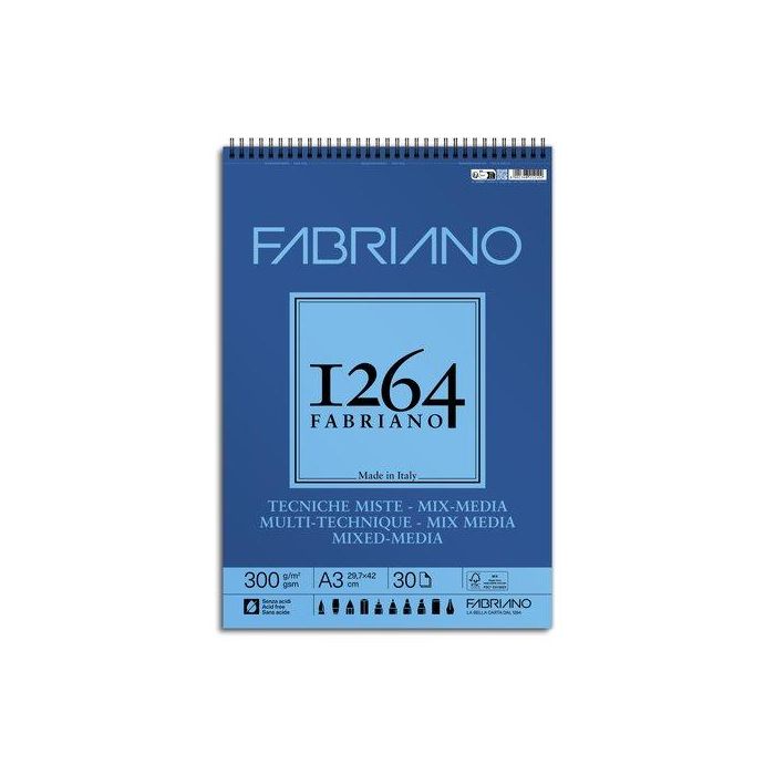 Bloc De Dibujo Fabriano 1264 Mix Media Con Espiral Grano Natural Tecnicas Mixtas A3 300G 30H