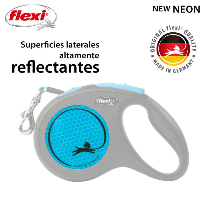 Flexi New Neon M Correa Cinta 5m Azul Neón con Componentes Reflectantes 3