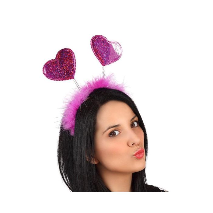 Diadema Corazones Violetas Brillantes con Plumas Rosas - Accesorio Temático San Valentín y Disfraces