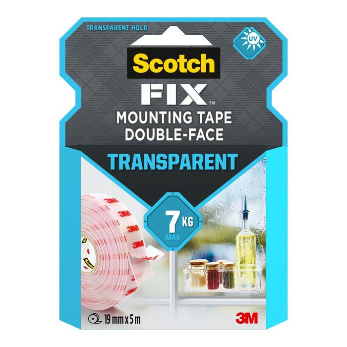 Scotch Cinta Doble Cara de Montaje Transparente, Adhesiva, 19mm x 5m, Soporta hasta 7kg para Fijación Fuerte