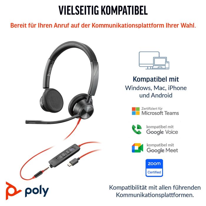Poly Auriculares Blackwire 3325 Estéreo con Cableado USB-C y Conector de 3.5mm, Certificado para Equipos Microsoft y UC, Color Negro 2