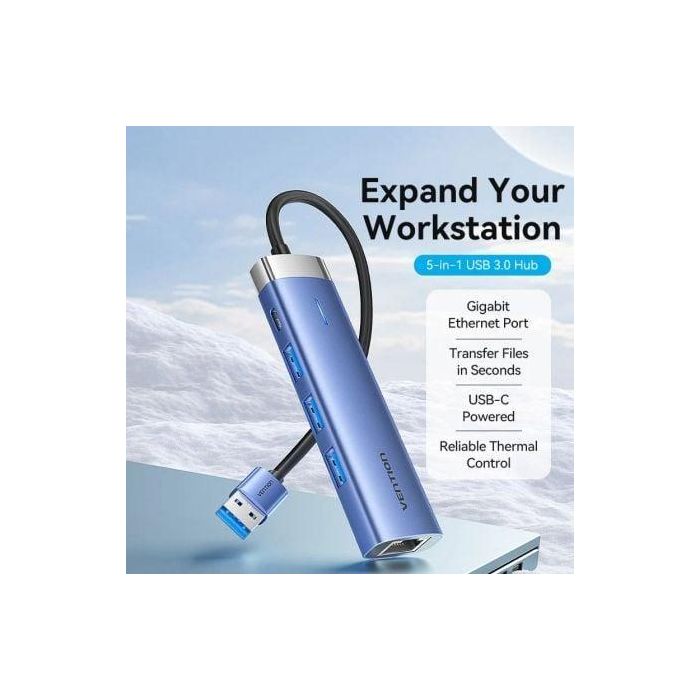 Vention TGFSB Hub USB 3.0 5 en 1 - 3xUSB-A 5Gbps, Gigabit Ethernet RJ45, USB-C Power Delivery para PC/Mac/Móvil 1