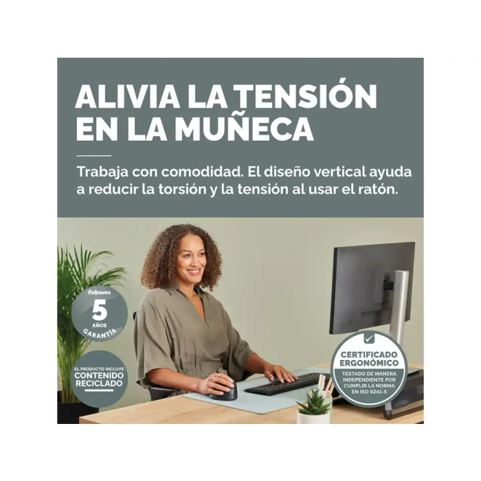Fellowes Ratón Ergonómico Vertical Inalámbrico Bluetooth con Cable, Óptico 1600 DPI, Diestro, Negro, Hecho de Plástico Reciclado - Certificado FIRA 1 Fellowes Ratón Ergonómico Vertical Inalámbrico Bluetooth con Cable, Óptico 1600 DPI, Diestro, Negro, Hecho de Plástico Reciclado - Certificado FIRA 1