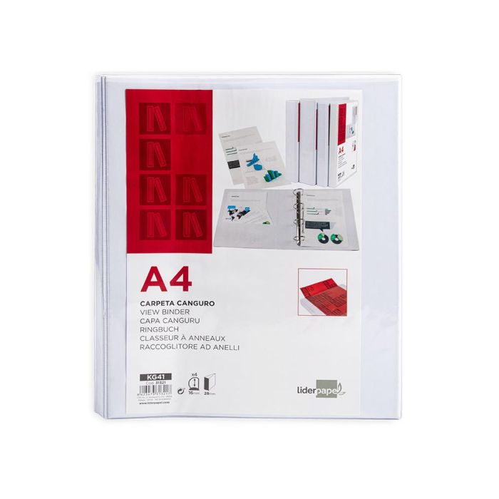 Carpeta Canguro 4 Anillas Mixtas 16 mm Liderpapel A4 Plastico Blanca 1