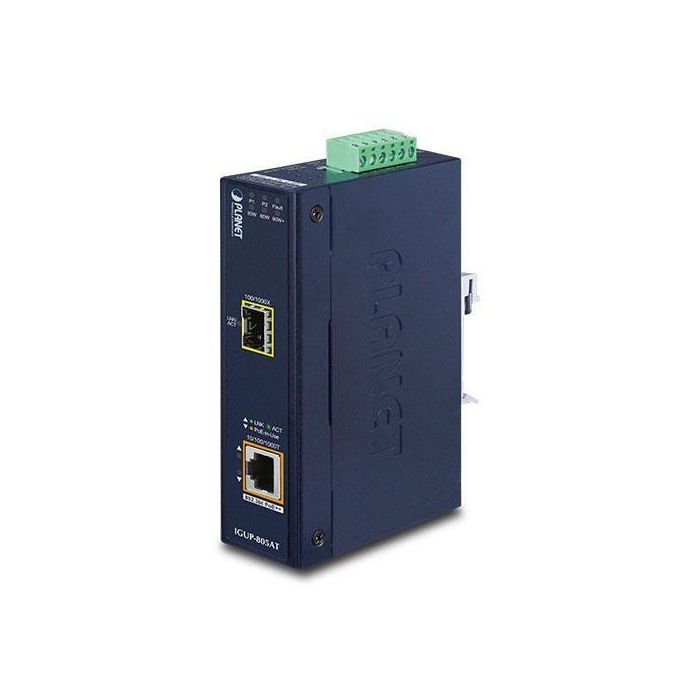 Planet IGUP-805AT Convertidor de Medios Industrial Gigabit SFP 100/1000X a 10/100/1000T RJ45 PoE++ 95W 802.3bt IP30