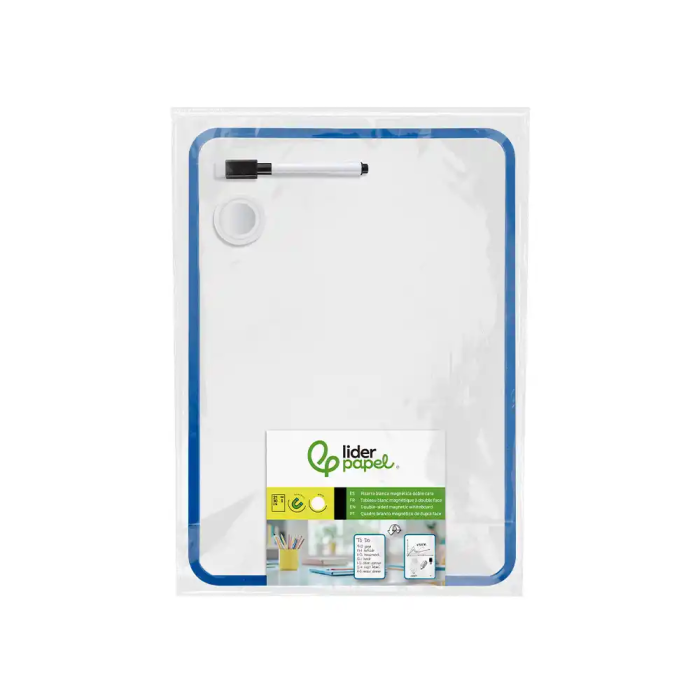 Liderpapel Pizarra Blanca Magnética Doble Cara Lisa 21x30 cm con Rotulador, Imán y Borrador 1