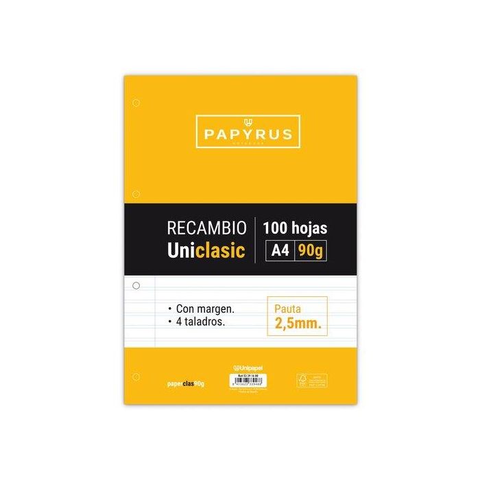 Recambio Papyrus Uniclasic A4 100H 90G 4 Taladros Pauta 2.5 C/Margen (Set de 24)