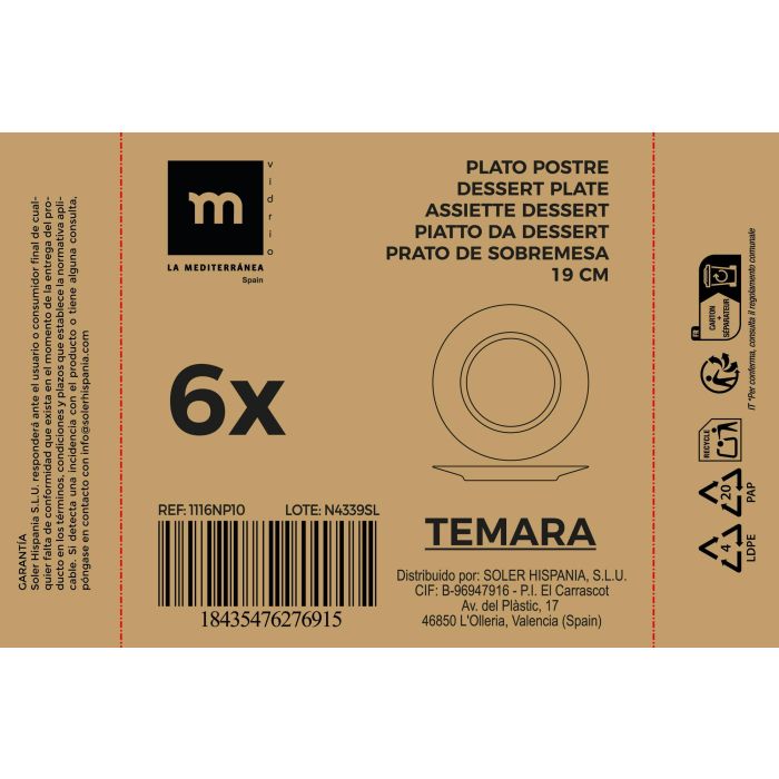 La Mediterranea Plato Postre Opal "Temara" 18.6 cm ancho x 1.3 cm alto x 18.8 cm largo (diámetro 19 cm) 1