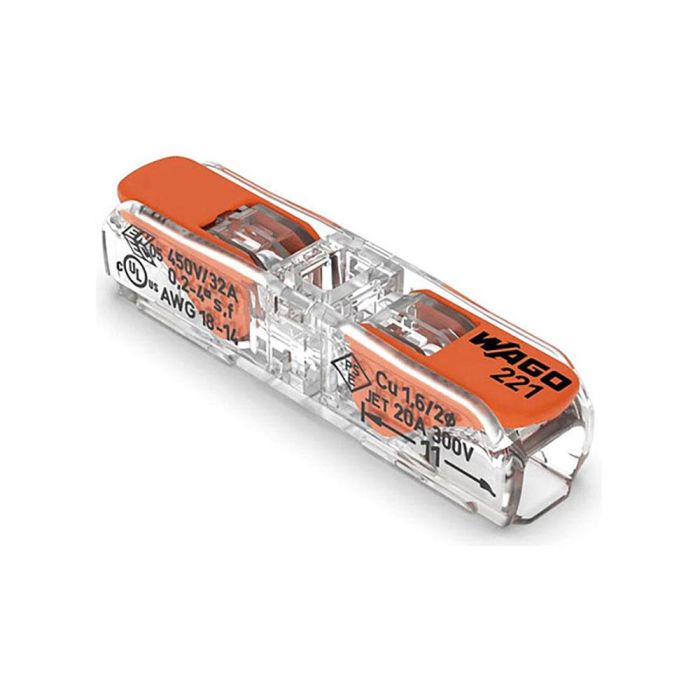 Conector rapido en linea con palanca 2 conductores, ø maximo 4 mm², 450 v , 32 a transparente 8,1 x 35,5 x 8,9 mm 0 Conector rapido en linea con palanca 2 conductores, ø maximo 4 mm², 450 v , 32 a transparente 8,1 x 35,5 x 8,9 mm 0