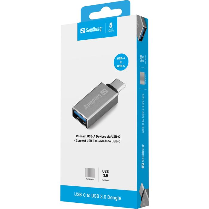 Sandberg Dongle USB-C a USB 3.0 para Conectar Dispositivos USB-A como Disco Duro, Impresora o Ratón a tu Ordenador USB-C 2