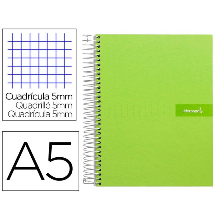 Cuaderno Espiral Liderpapel A5 Micro Crafty Tapa Forrada 120H 90 gr Cuadro 5 mm 5 Bandas6 Taladros Color Verde