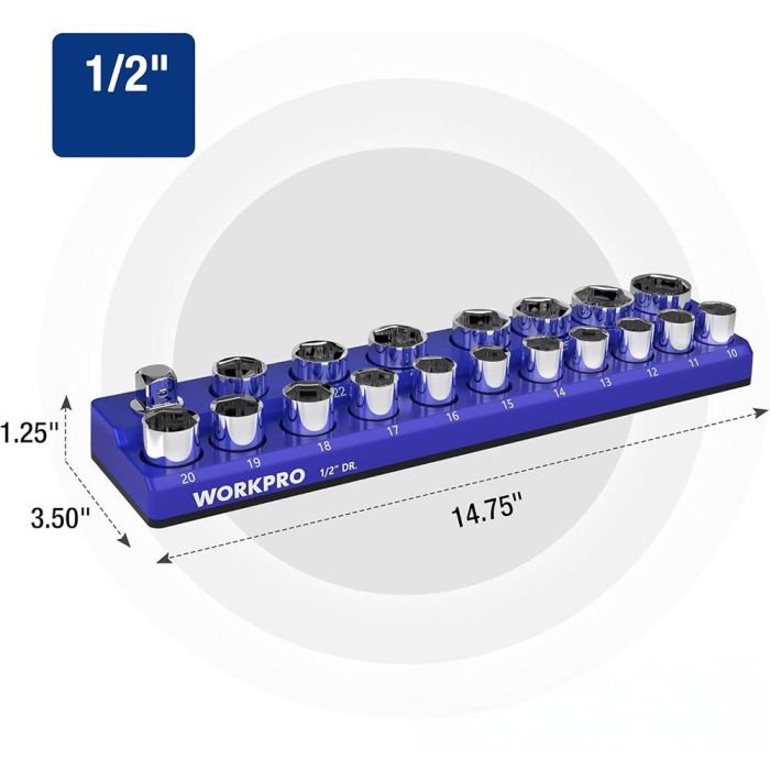 Workpro Organizador Magnético Vacío para Vasos de 1/2" Estándar, Números 10-27mm + Adaptador, 373x88x32mm 1 Workpro Organizador Magnético Vacío para Vasos de 1/2" Estándar, Números 10-27mm + Adaptador, 373x88x32mm 1