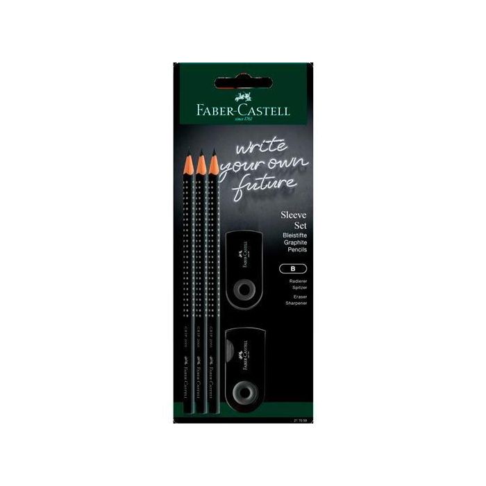 Faber Castell Grip 2001 Set 3 Lápices Grafito B + Accesorios Sleeve (Afilalápices y Goma) Ergonómicos Triangular con Zona de Agarre Antideslizante