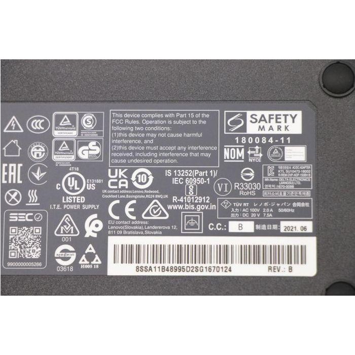 Lenovo AC adapter for Lenovo ThinkPad laptops, 150W power output, 20V voltage, 100-240Vac input, rectangular form factor. 4 Lenovo AC adapter for Lenovo ThinkPad laptops, 150W power output, 20V voltage, 100-240Vac input, rectangular form factor. 4