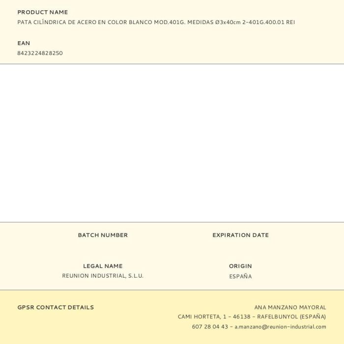 Rei Pata cilíndrica de acero blanco para muebles mod.401g 2-401g.400.01 Ø3x40cm 1 Rei Pata cilíndrica de acero blanco para muebles mod.401g 2-401g.400.01 Ø3x40cm 1