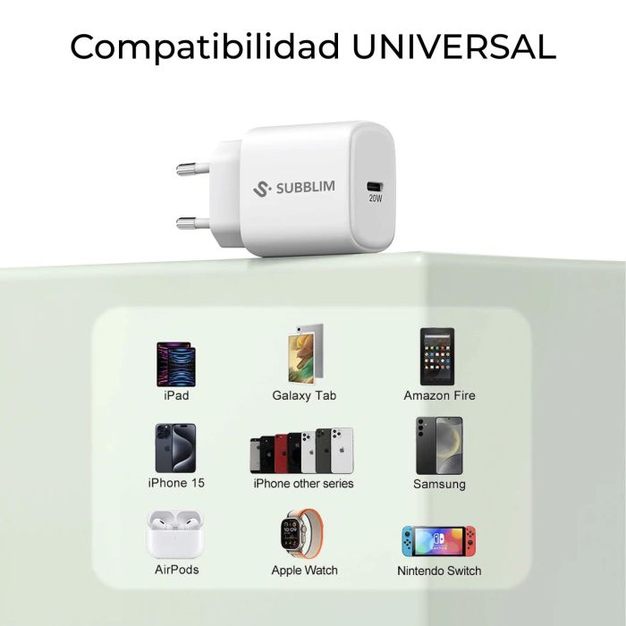 Subblim Cargador Usb-C Gan 20W , Power Delivery 3.0 &Amp; Pps, Enchufe Rápido para Iphone 16-12, Ipad, Galaxy S24-S20, Pixel 9-6, Xiaomi, Ultraportátil, Seguro y Certificado 1 Subblim Cargador Usb-C Gan 20W , Power Delivery 3.0 &Amp; Pps, Enchufe Rápido para Iphone 16-12, Ipad, Galaxy S24-S20, Pixel 9-6, Xiaomi, Ultraportátil, Seguro y Certificado 1