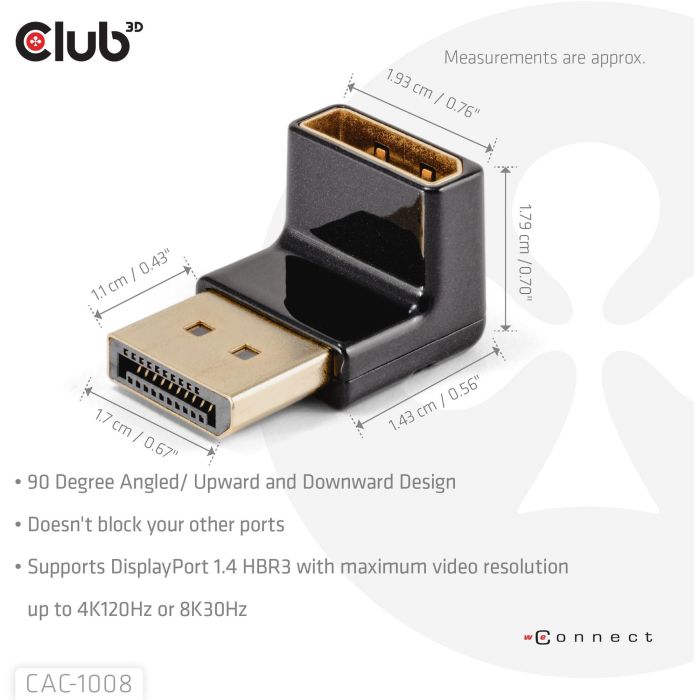 Club3D Adaptador DisplayPort 1.4 Macho a Hembra 90° Angulado 4K@120Hz 2