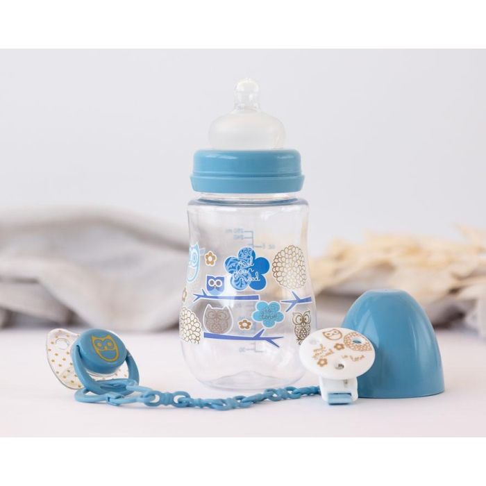 KioKids Set Biberón 250 mL, Chupete y Pinza Azul - Tetina Silicona Ortodóntica Anticólico para Bebés +6 Meses