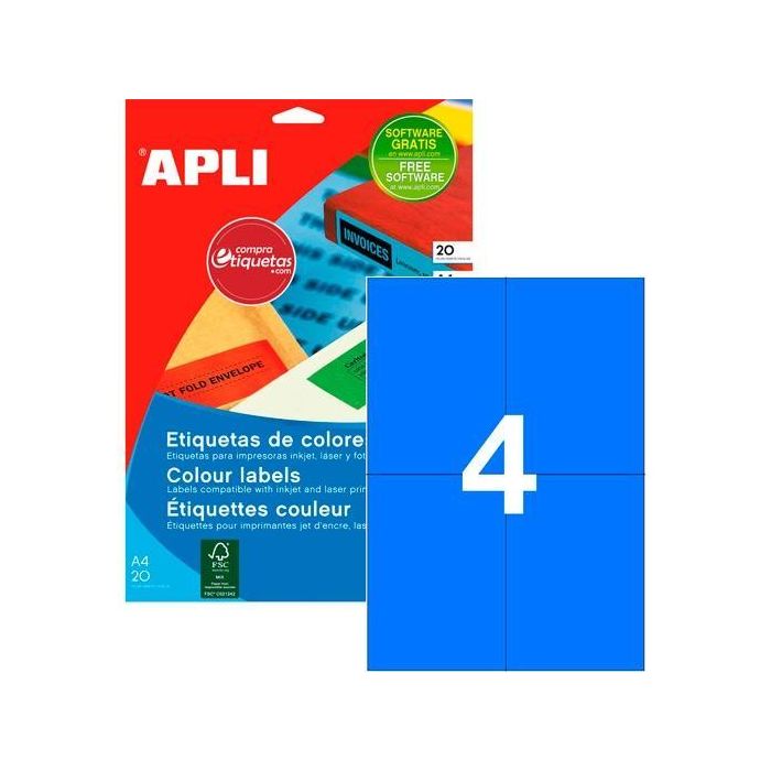 Apli Etiquetas Adhesivas 105x148 mm Inkjet-Láser C-Rectos 4 X 20H Azul Apli Etiquetas Adhesivas 105x148 mm Inkjet-Láser C-Rectos 4 X 20H Azul