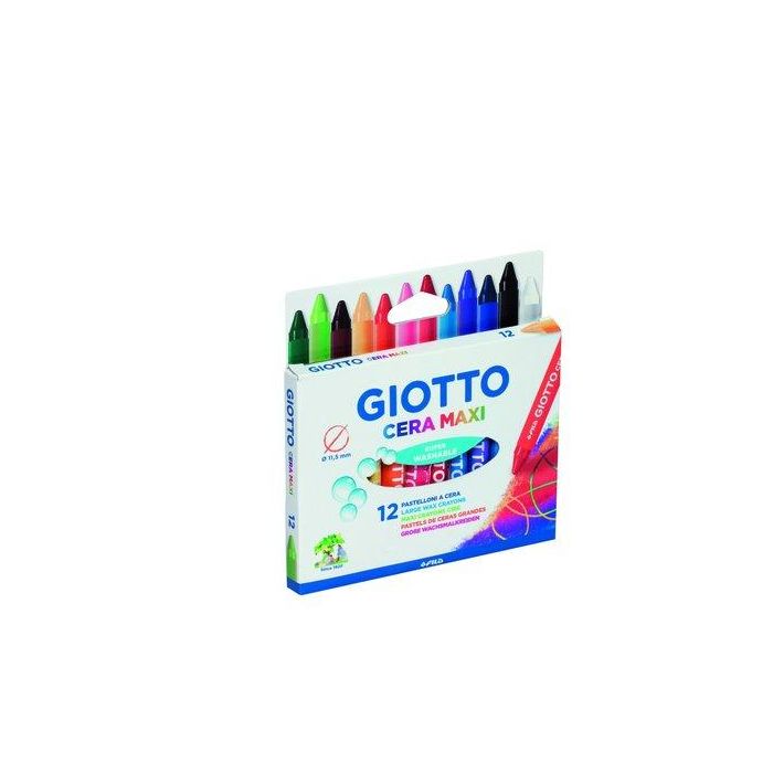 Giotto Lápices de Cera Maxi, 12 Colores Surtidos, Lavables, Ø 11.5x100 mm - Caja Cartón