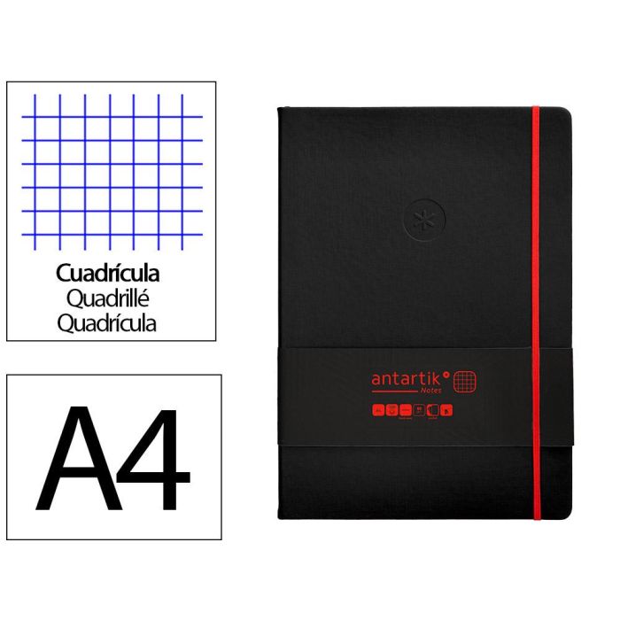 Cuaderno Con Gomilla Antartik Notes Tapa Dura A4 Hojas Cuadricula Negro Y Rojo 100 Hojas 80 gr Fsc