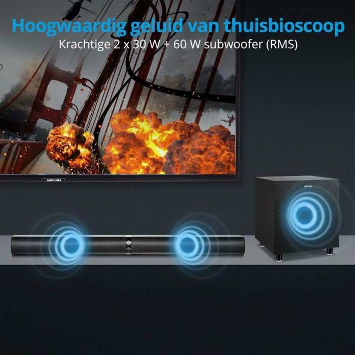 Medion MED1717419533795 Barra de sonido 2.1 - 2x30W RMS + Subwoofer Inalámbrico 60W RMS 11