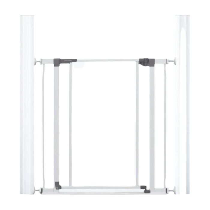 Dreambaby Puerta de seguridad DRE9312742493271 con panel transparente, retención y parte inferior anticaída - Blanca