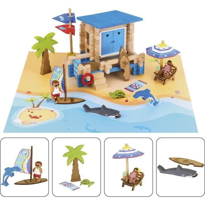 Día en la Playa 120 Piezas - JEUJURA - Juego de Construcción en Madera Natural, Tapete y Accesorios Incluidos, 32x27x11 cm 2 Día en la Playa 120 Piezas - JEUJURA - Juego de Construcción en Madera Natural, Tapete y Accesorios Incluidos, 32x27x11 cm 2