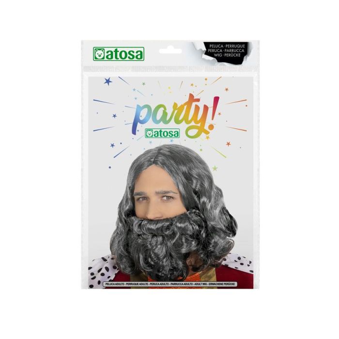 Peluca y barba gris oscuro para personajes mágicos y mitológicos, teatro y carnaval 1