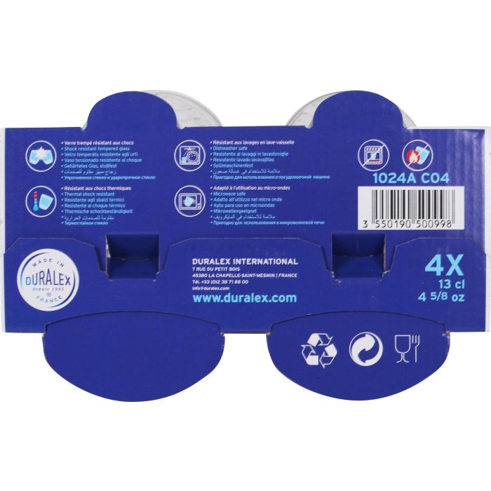 Duralex Set 4 Vasos Picardie Transparente 130 cc Ø 6.9 x 7.2 cm Vidrio Templado (12 Cajas)
