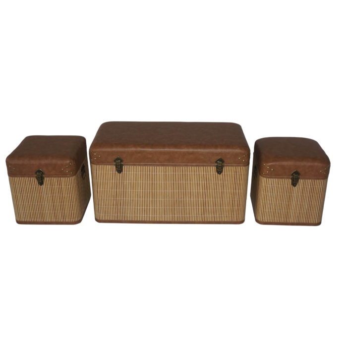 DKD Home Decor Baúl Oriental Marrón/Natural 80x40x44 cm Set de 3 Piezas de Bambú y PU