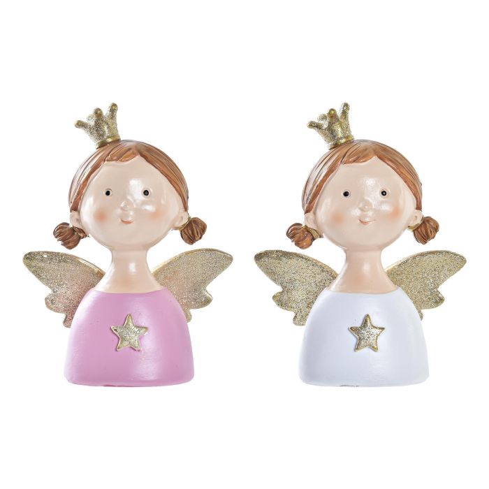 DKD Home Decor Figura de Navidad Ángel Fantasía Resina Rosa Blanca 12x9x5 cm Pack 2 Unidades