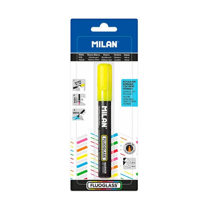 Milan Rotulador Borrable Fluoglass 2 Amarillo Punta Biselada 2-4mm para Superficies Lisas No Porosas en Blister 1