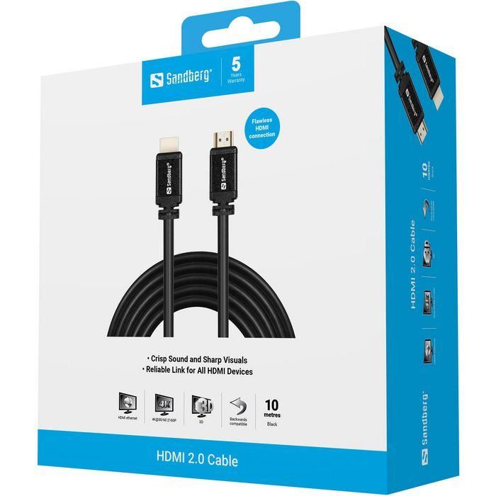 Sandberg Cable HDMI 2.0 19M-19M, 10m para Video de Alta Resolución y Sonido Cristalino 1 Sandberg Cable HDMI 2.0 19M-19M, 10m para Video de Alta Resolución y Sonido Cristalino 1