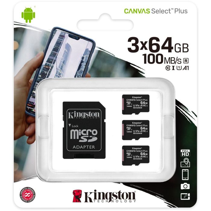 Kingston Tarjeta Canvas Select Plus microSDXC 64GB 100MB/s Clase 10 UHS-I U1 con Adaptador SD 4
