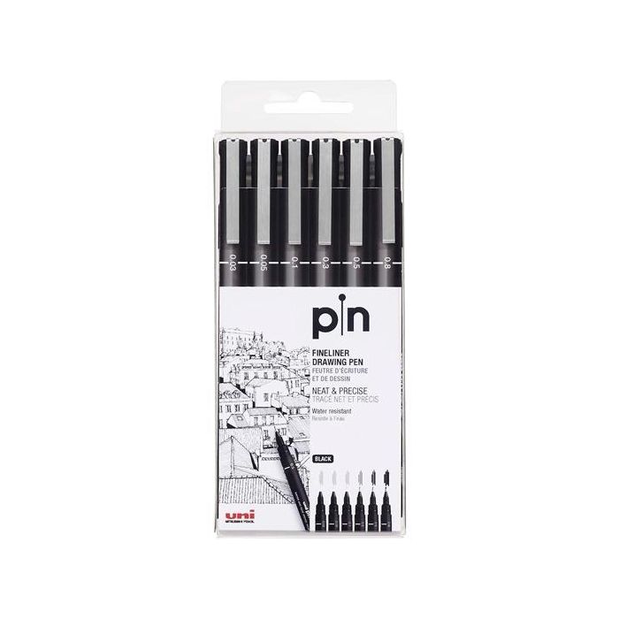 Uniball Pin-200S-6P Rotulador Calibrado Negro, Estuche 6 Unidades con Trazo 0.03, 0.05, 0.1, 0.3, 0.5, 0.8 mm