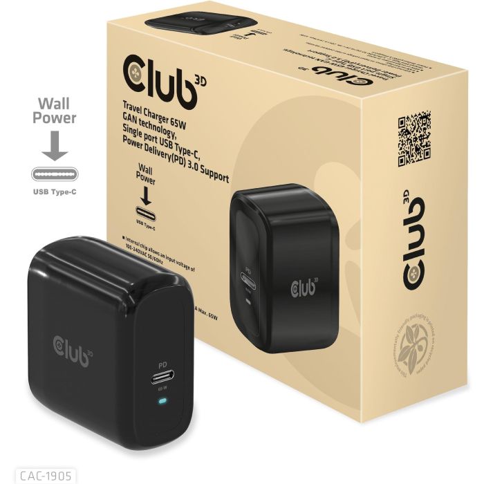 Club3D Ladegerät 1xUSB Typ C PD 65W. GaN retail 2 Club3D Ladegerät 1xUSB Typ C PD 65W. GaN retail 2