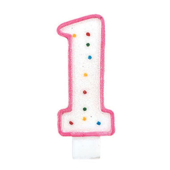 Party Time Vela Numeral Número 1 para Aniversario 14 cm Decorada con Círculos y Ribete, Pincho para Tarta, Colores Surtidos