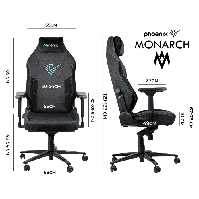Phoenix technologies Silla Gaming Monarch Tela Talla, Silla Ergonómica de Tela y Terciopelo para Gaming y Oficina, Ajuste Lumbar y Reposabrazos 4D, Negro/Azul 6