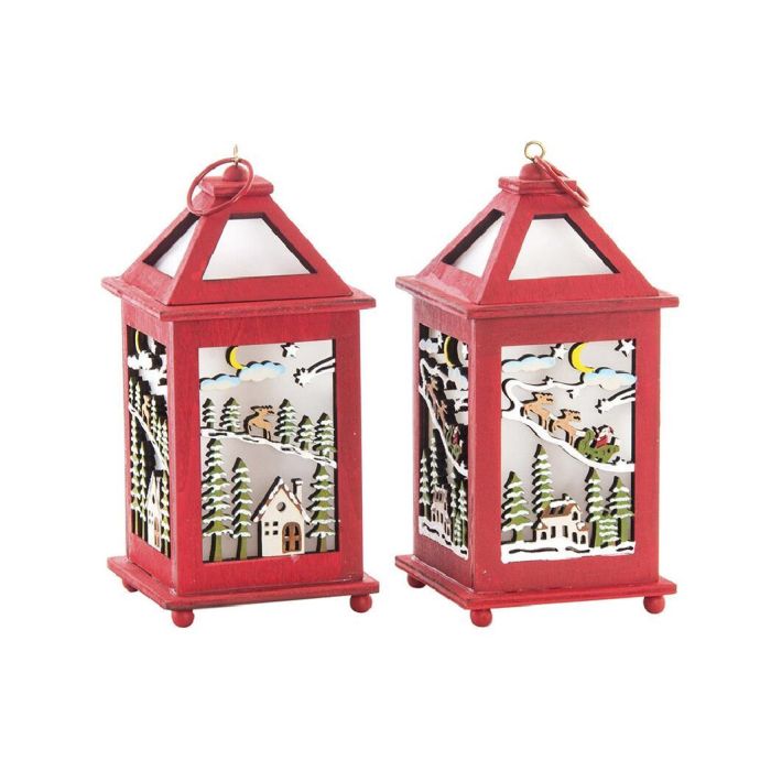 DKD Home Decor Farola Navideña Tradicional LED Madera Rojo y Blanco, Diseño Casa Árbol Reno, 18 cm - Pack de 2 con Pilas AAA