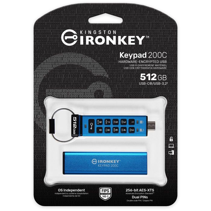 Kingston Keypad 200C 512GB USB-C IronKey Stick AES-256 IP68 Teclado Seguro USB 3.2 Gen 1 Lectura 280MB/s Funda Azul 2