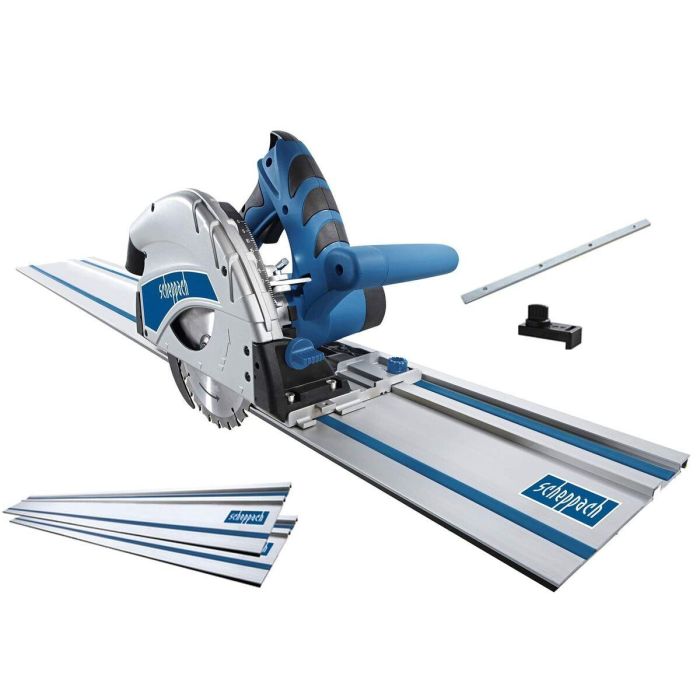 Scheppach PL55 Sierra de Inmersión 1200W, altura de corte 55mm, disco Ø160mm 24 dientes, incluye 2 rieles 700mm, conector y antivuelco 10