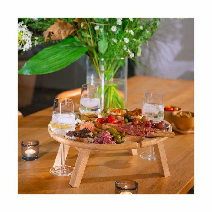 Livoo MES150 LIV1695358034109 Bandeja divisoria para aperitivos, madera de caucho, 4 ranuras para vasos, patas plegables 5
