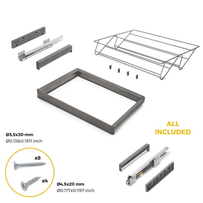 Emuca Kit de cajón zapatero y bastidor regulable Quartz para armarios, guías de cierre suave y extracción total, Módulo 70cm, Acabado Titanio 5