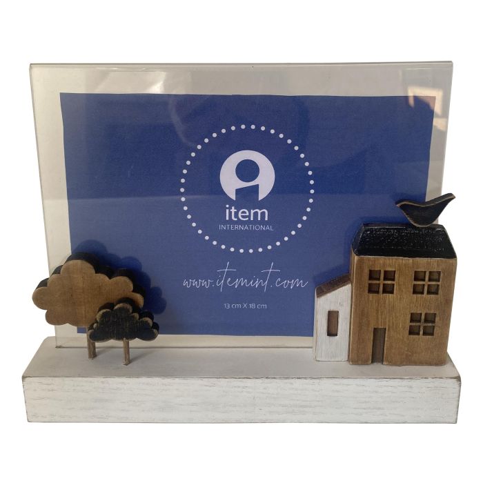 DKD Home Decor Marco de Fotos 13x18 cm (2 Unidades) de Madera y Acrílico Blanco y Marrón, Estilo Urban Casitas 22x3.5x18 cm