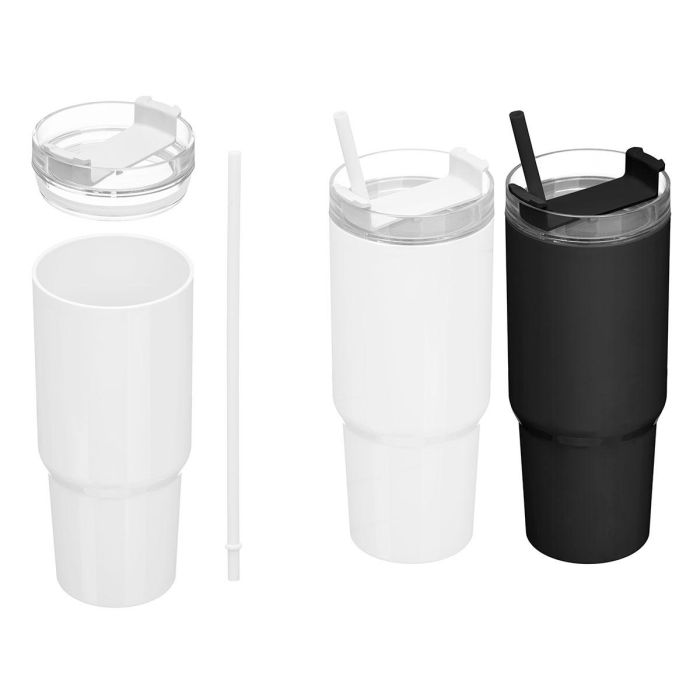 Kinvara Vaso con Pajita de Plástico 750 ml Surtido Blanco y Negro, 8.6x21.5x6.6 cm para Bebidas Frías (Set de 12)