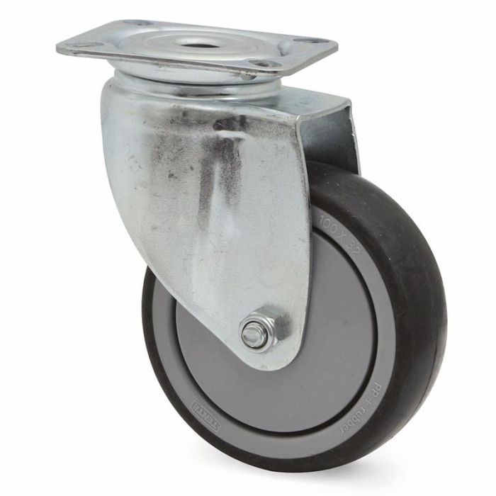 TENTE 2470 Rueda Giratoria Ø100 Goma Termoplástica Antihuella y Antihilo, Núcleo Polipropileno, Placa Zincada Sin Freno