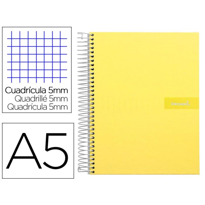 Cuaderno Espiral Liderpapel A5 Micro Crafty Tapa Forrada 120H 90 gr Cuadro 5 mm 5 Bandas6 Taladros Color Amarillo