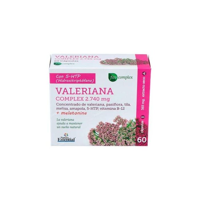 NATURE ESSENTIAL Valeriana Complex con Valeriana, Griffonia, Amapola Californiana, Melatonina y Vitaminas, 60 Cápsulas para el Descanso Nocturno