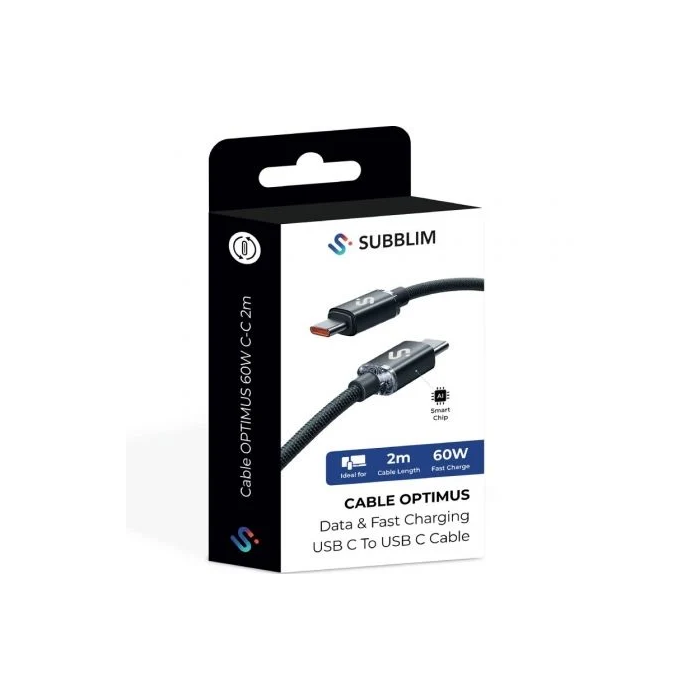 Subblim Cable USB-C a USB-C Optimus 60W 480Mbps 2m Negro Carga Rápida Nylon Trenzado PD